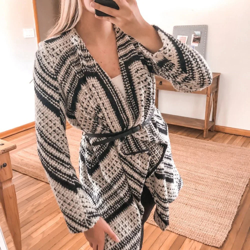 BA&SH Ilda Long Open Knit Belted Lady Coat Classic Designer Coatigan Cardigan M